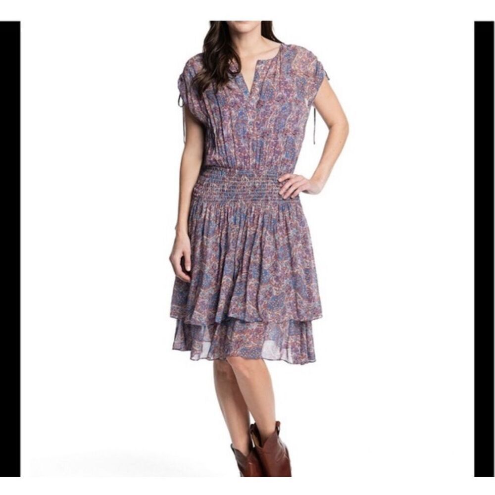 Frye Violet Dusk Printed Dress Floral Notch Neck Georgette Ruffled Sz S